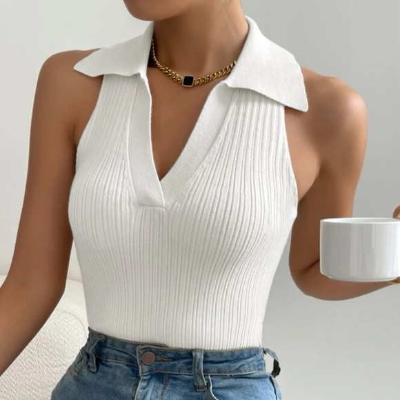 Solid Collared Ribbed Tank Knit Top - Picture 6 of 6